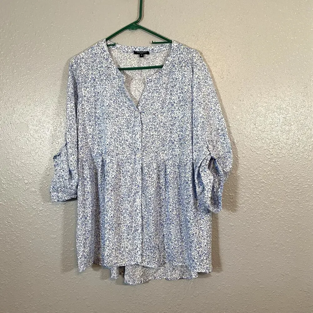 Anne Carson 1x Womens White Blue Blouse Button Floral Blue Green 3/4 Sleeve - Picture 7 of 7